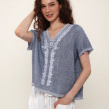 100% Linen V-Neck Embroidery Lace Trim Blouse