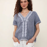 100% Linen V-Neck Embroidery Lace Trim Blouse