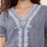 100% Linen V-Neck Embroidery Lace Trim Blouse