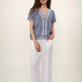 100% Linen V-Neck Embroidery Lace Trim Blouse