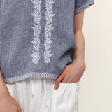 100% Linen V-Neck Embroidery Lace Trim Blouse