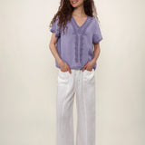 100% Linen V-Neck Embroidery Lace Trim Blouse