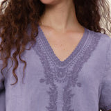 100% Linen V-Neck Embroidery Lace Trim Blouse