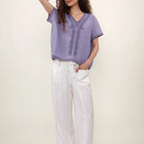 100% Linen V-Neck Embroidery Lace Trim Blouse