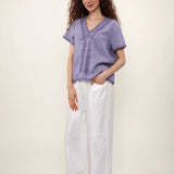 100% Linen V-Neck Embroidery Lace Trim Blouse