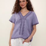 100% Linen V-Neck Embroidery Lace Trim Blouse