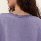 100% Linen V-Neck Embroidery Lace Trim Blouse