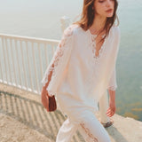 100% Linen V-Neck Lace Embroidered Batwing Sleeve Blouse