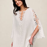 100% Linen V-Neck Lace Embroidered Batwing Sleeve Blouse