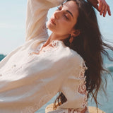 100% Linen V-Neck Lace Embroidered Batwing Sleeve Blouse