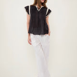 100% Linen V-Neck Lace Flutter Sleeve Blouse