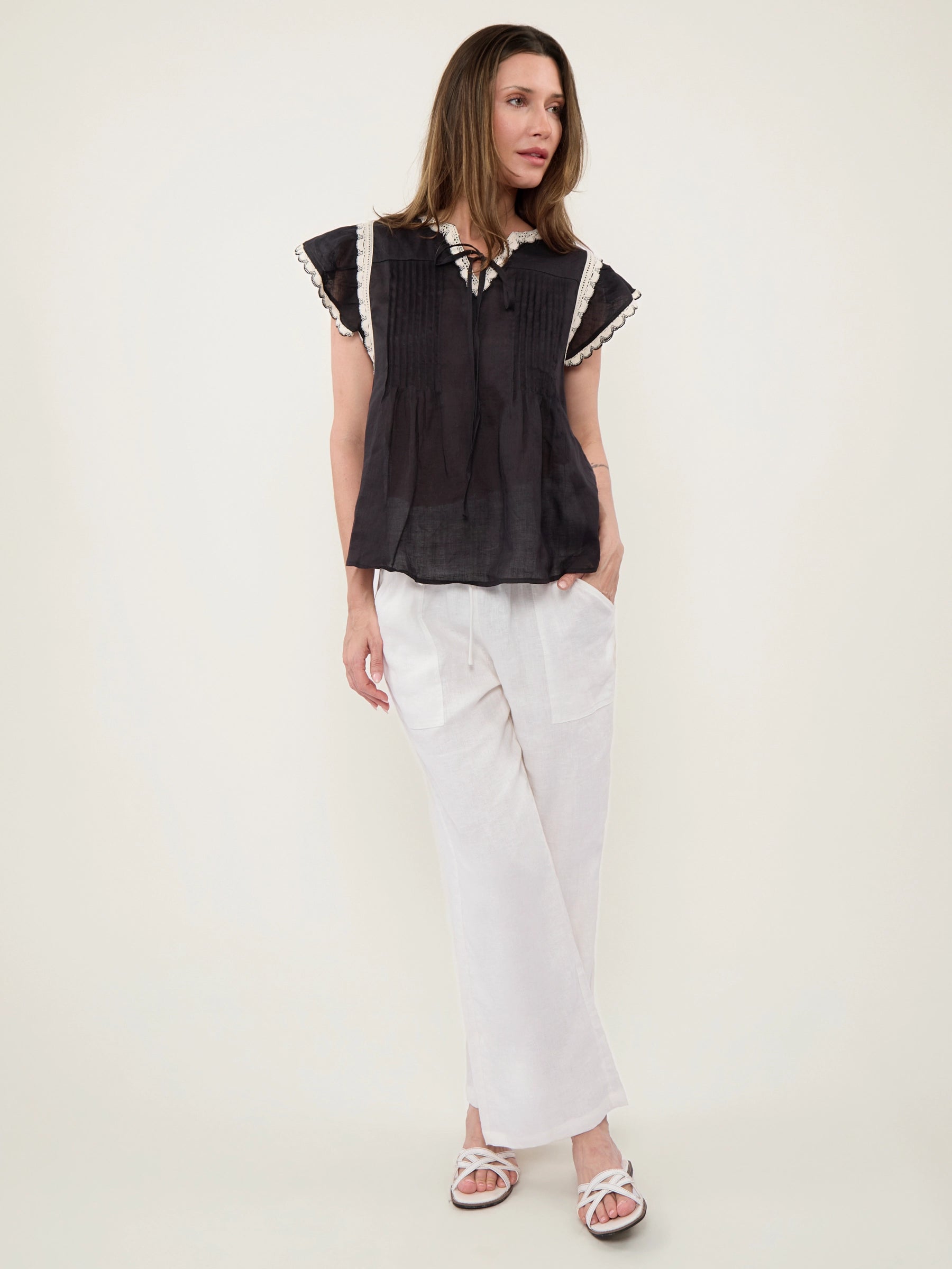 100% Linen V-Neck Lace Flutter Sleeve Blouse