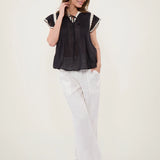 100% Linen V-Neck Lace Flutter Sleeve Blouse