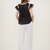 100% Linen V-Neck Lace Flutter Sleeve Blouse