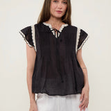 100% Linen V-Neck Lace Flutter Sleeve Blouse