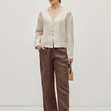 100% Linen V-Neck Hand-Beaded Shell Detail Buttoned Blouse
