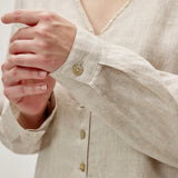 100% Linen V-Neck Hand-Beaded Shell Detail Buttoned Blouse