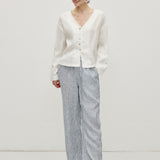 100% Linen V-Neck Hand-Beaded Shell Detail Buttoned Blouse