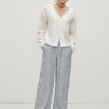 100% Linen V-Neck Hand-Beaded Shell Detail Buttoned Blouse