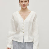 100% Linen V-Neck Hand-Beaded Shell Detail Buttoned Blouse