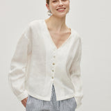 100% Linen V-Neck Hand-Beaded Shell Detail Buttoned Blouse