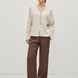 100% Linen V-neck Button-Decor Asymmetric Hem Blouse