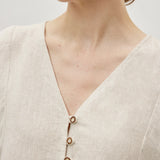100% Linen V-neck Button-Decor Asymmetric Hem Blouse