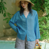 100% Linen V-neck Button Down Long Sleeve Blouse
