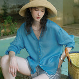 100% Linen V-neck Button Down Long Sleeve Blouse