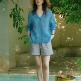 100% Linen V-neck Button Down Long Sleeve Blouse