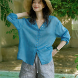 100% Linen V-neck Button Down Long Sleeve Blouse