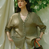 100% Linen V-neck Button Down Long Sleeve Blouse