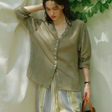 100% Linen V-neck Button Down Long Sleeve Blouse