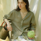 100% Linen V-neck Button Down Long Sleeve Blouse