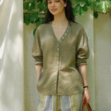 100% Linen V-neck Button Down Long Sleeve Blouse