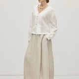 100% Linen V-neck Button Front Long Sleeve Blouse