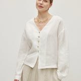 100% Linen V-neck Button Front Long Sleeve Blouse