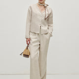 100% Linen V-neck Button Front Long Sleeve Blouse