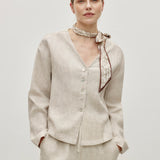 100% Linen V-neck Button Front Long Sleeve Blouse