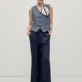 100% Linen Elastic Waist Embroidered Lace Straight Leg Pants