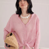100% Linen V-neck Drop Shoulder Knot Hem Blouse