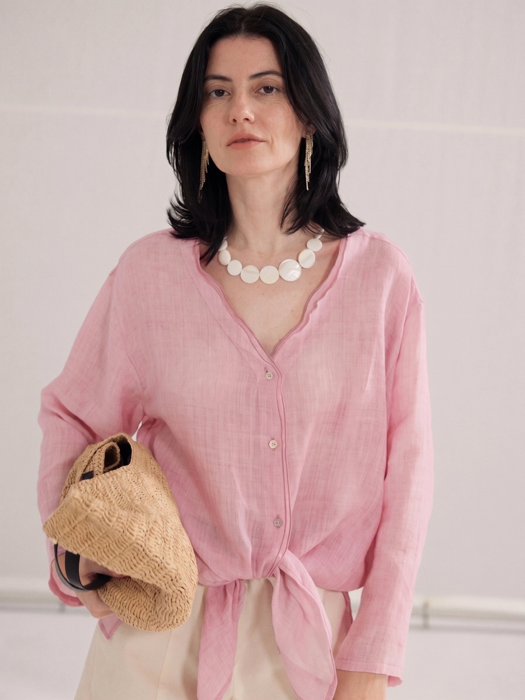 100% Linen V-neck Drop Shoulder Knot Hem Blouse