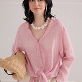 100% Linen V-neck Drop Shoulder Knot Hem Blouse