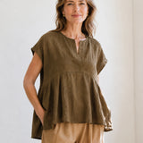 100% Linen V-neck Pleated Blouse
