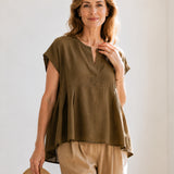 100% Linen V-neck Pleated Blouse