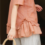 100% Linen V-neck Ruffle Layered Hem Blouse