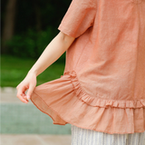 100% Linen V-neck Ruffle Layered Hem Blouse