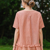 100% Linen V-neck Ruffle Layered Hem Blouse