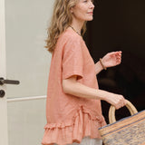 100% Linen V-neck Ruffle Layered Hem Blouse