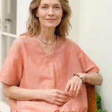 100% Linen V-neck Ruffle Layered Hem Blouse